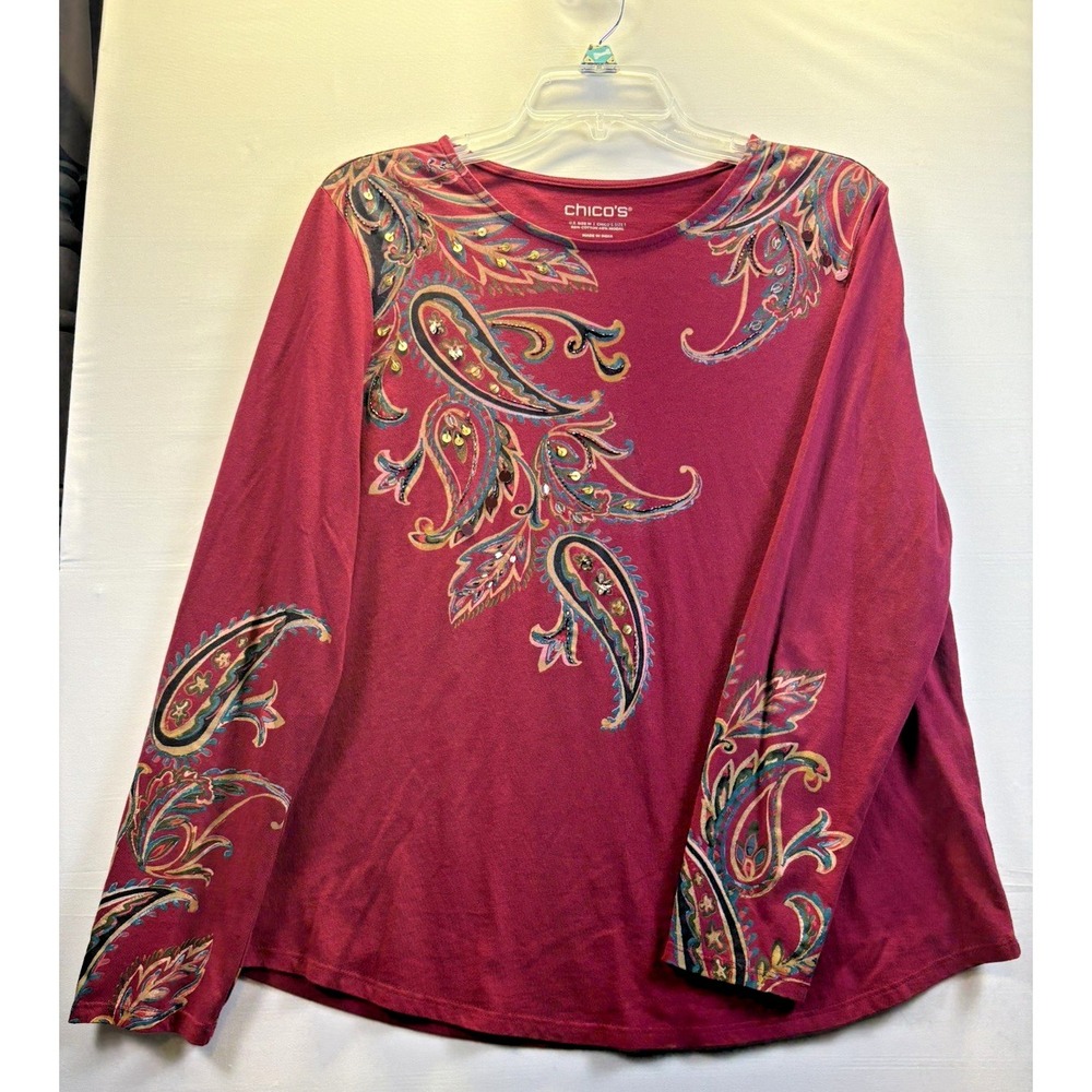 Chicos Womens Fuscia Top‎ with front/back Applique SZ Medium